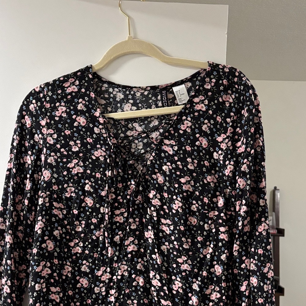 Divided Black and Pink Floral Long Sleeve Blouse